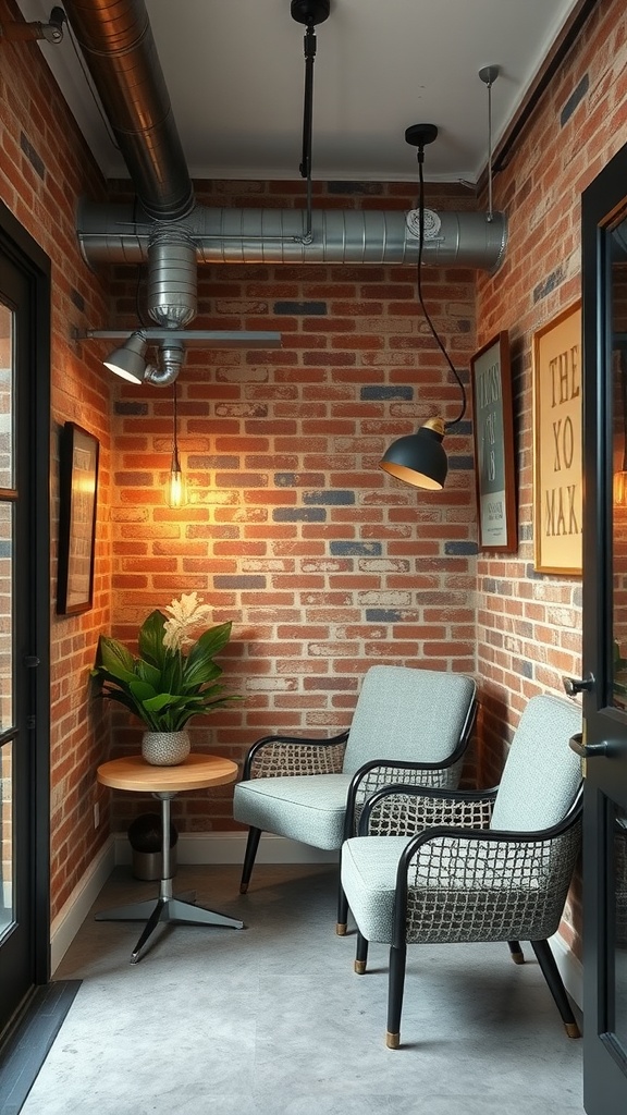 A cozy industrial-style reading nook featuring exposed brick walls, metal accents, stylish chairs, and warm lighting.