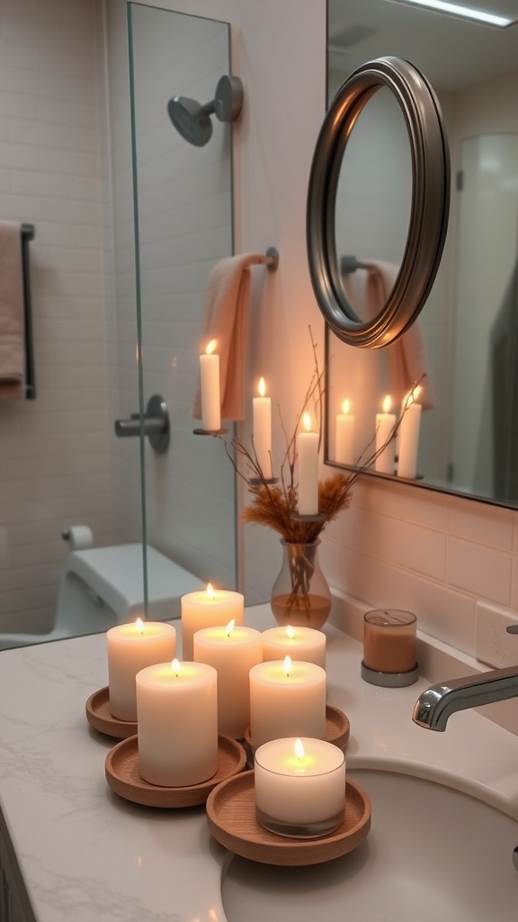 A collection of candles in a bathroom setting, arranged on a countertop with a mirror reflecting the warm glow.