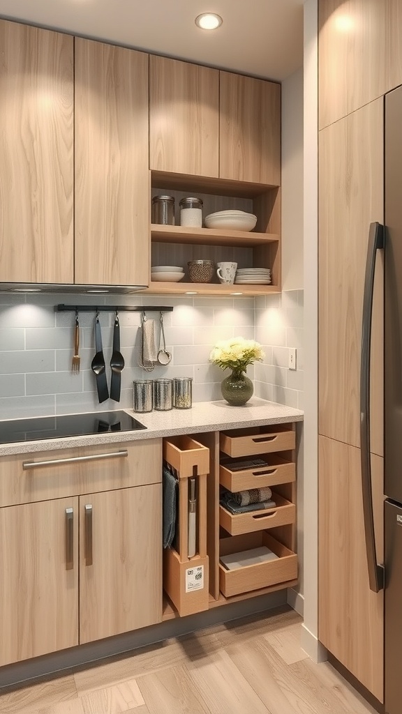 A modern kitchen with wooden cabinetry and a pull-out drawer system for storage.