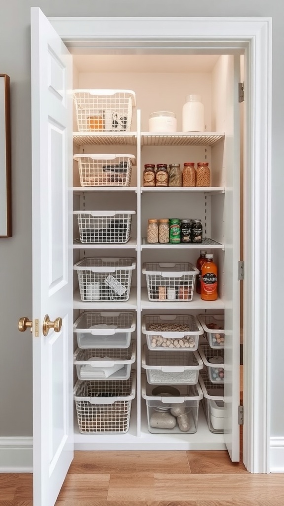 Organized pantry with sliding storage bins