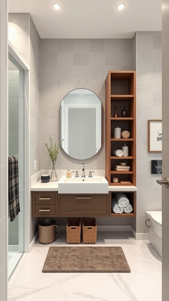 Modern small transitional bathroom showcasing innovative storage solutions with open shelves and a sleek vanity.