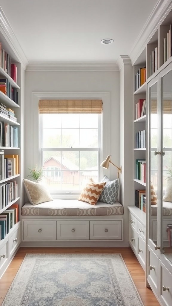 Cozy window seat in a home library with built-in bookshelves and decorative cushions.