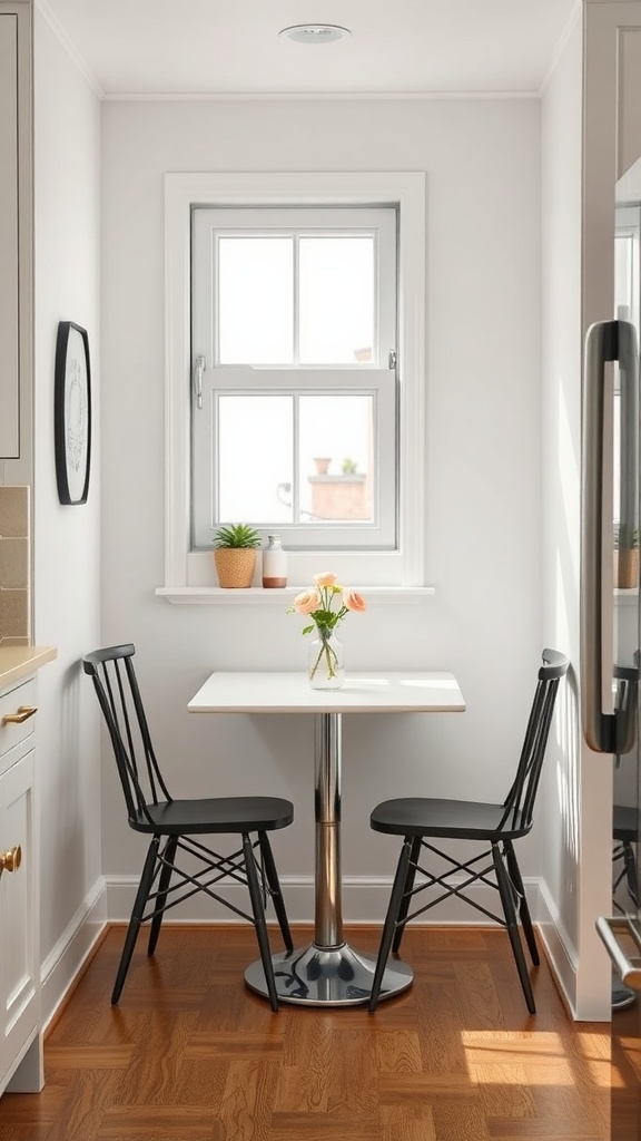 A small kitchen corner with a white table, two black chairs, and a window with potted plants