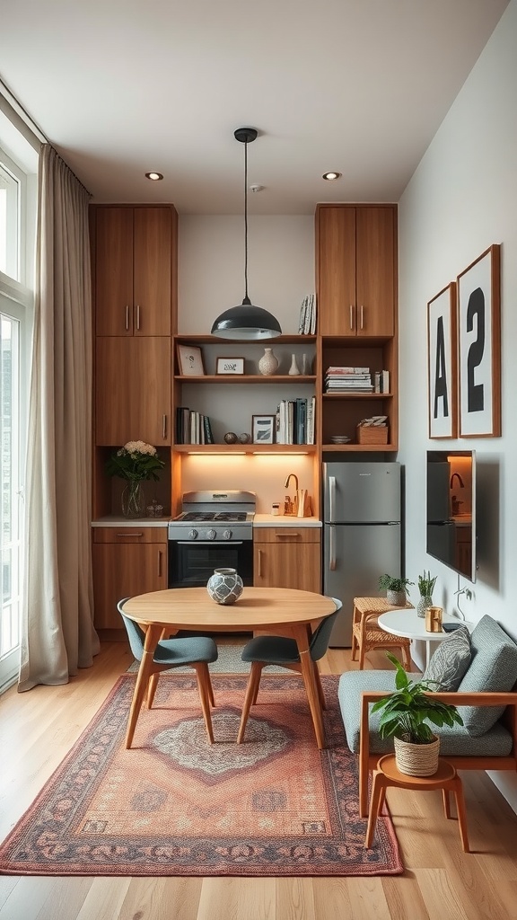 A modern kitchen and dining area with wooden cabinetry, a round dining table, and stylish decor.