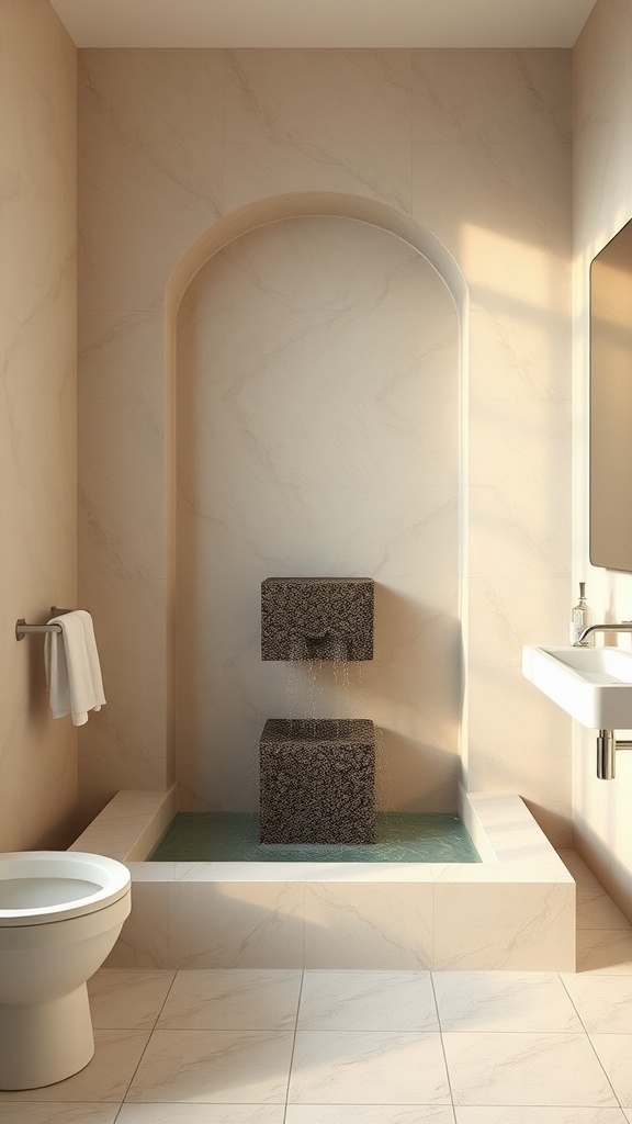 Innovative bathroom water feature with stacked blocks and flowing water