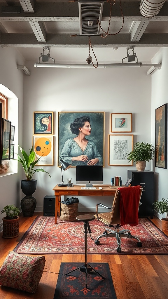 A cozy home office with art on the walls, a wooden desk, and plants