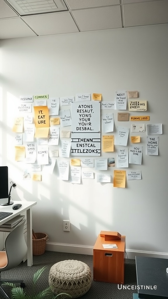 A vision board filled with colorful sticky notes and reminders in an office setting.