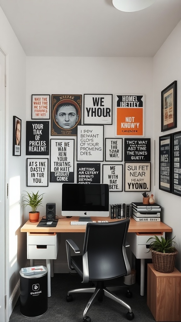 A small home office with a wooden desk, computer, and an inspirational wall art display featuring various framed quotes and images.