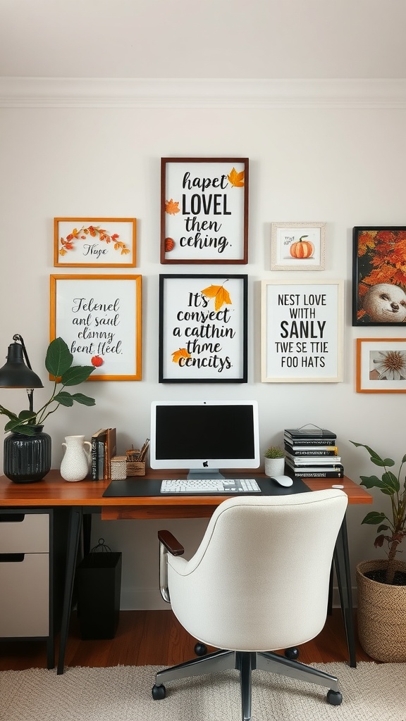 A cozy home office setup featuring inspiring wall art with autumn themes.