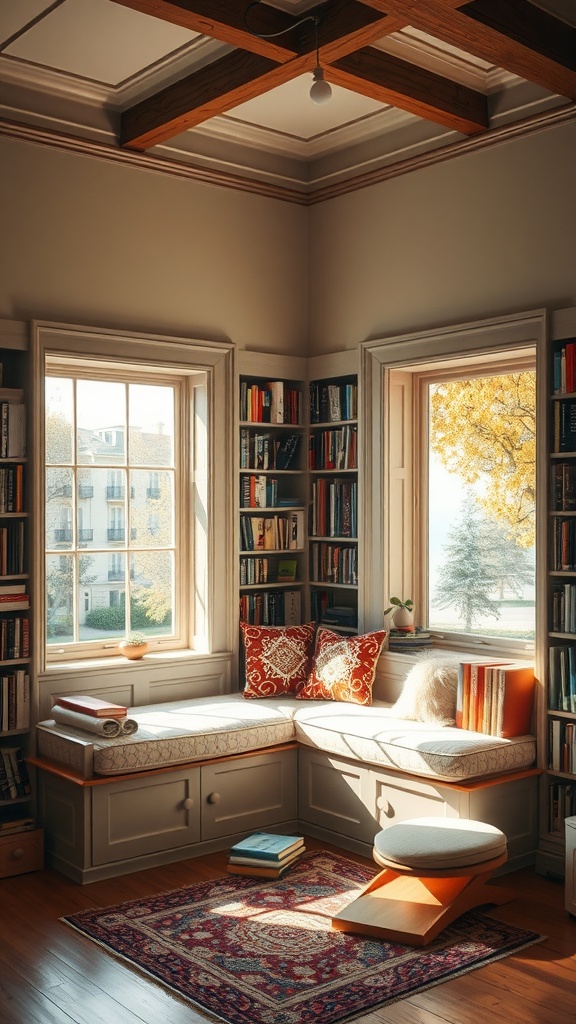 Cozy home library featuring a window seat, bookshelves, and natural light.