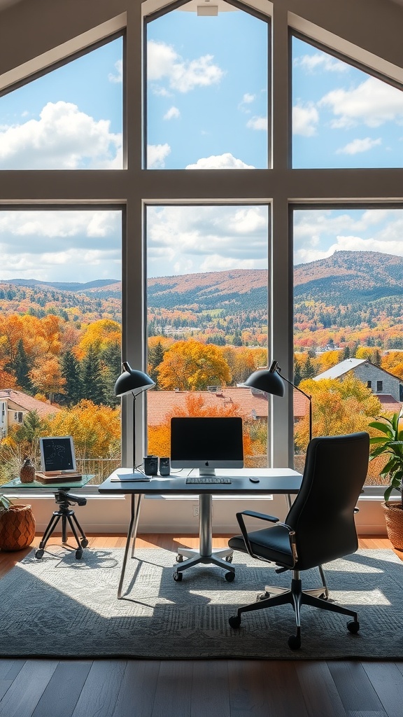 A cozy home office with large windows showcasing fall scenery of colorful trees and mountains.