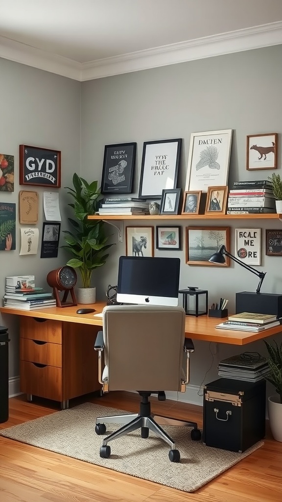 A small home office with artwork, plants, and a modern desk setup.