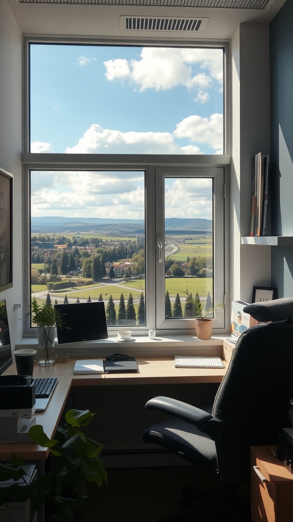 A cozy tiny home office with a large window view of greenery and hills.