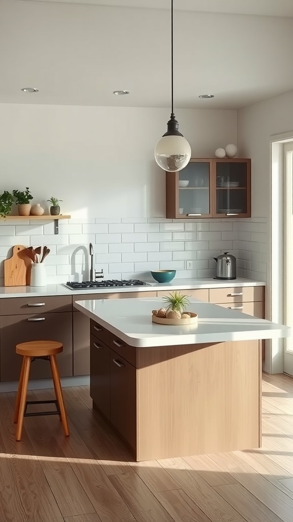 A stylish kitchen with an extended countertop, warm wood tones, and modern design.