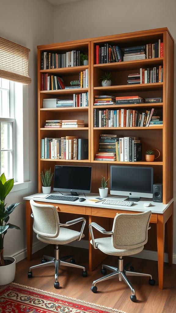 A small home office featuring an integrated bookcase and desk combo with two computers, stylish chairs, and plants.