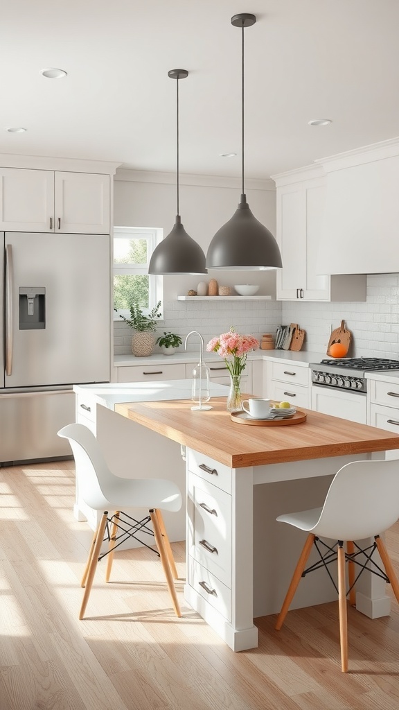 A modern kitchen with an integrated dining table island featuring a wooden top, white cabinetry, and stylish pendant lights.