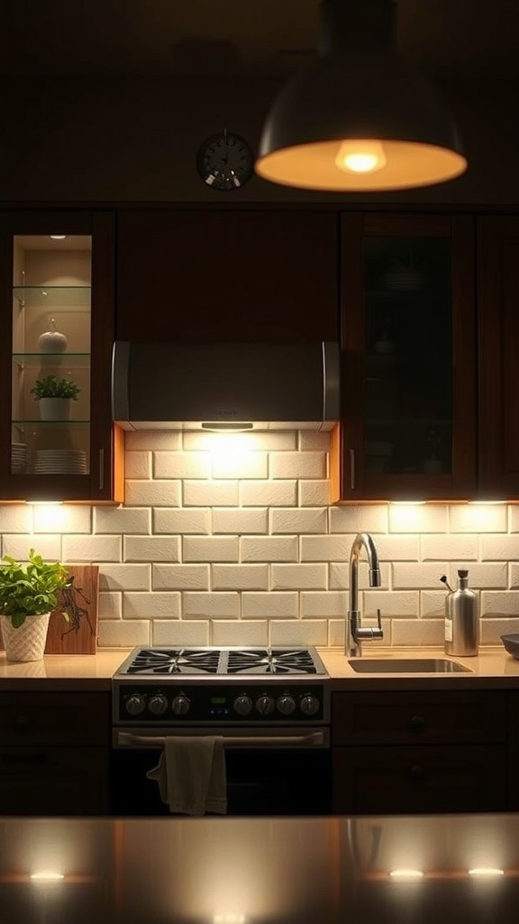 A small kitchen with integrated lighting featuring warm lights illuminating the counter and a pendant light above.