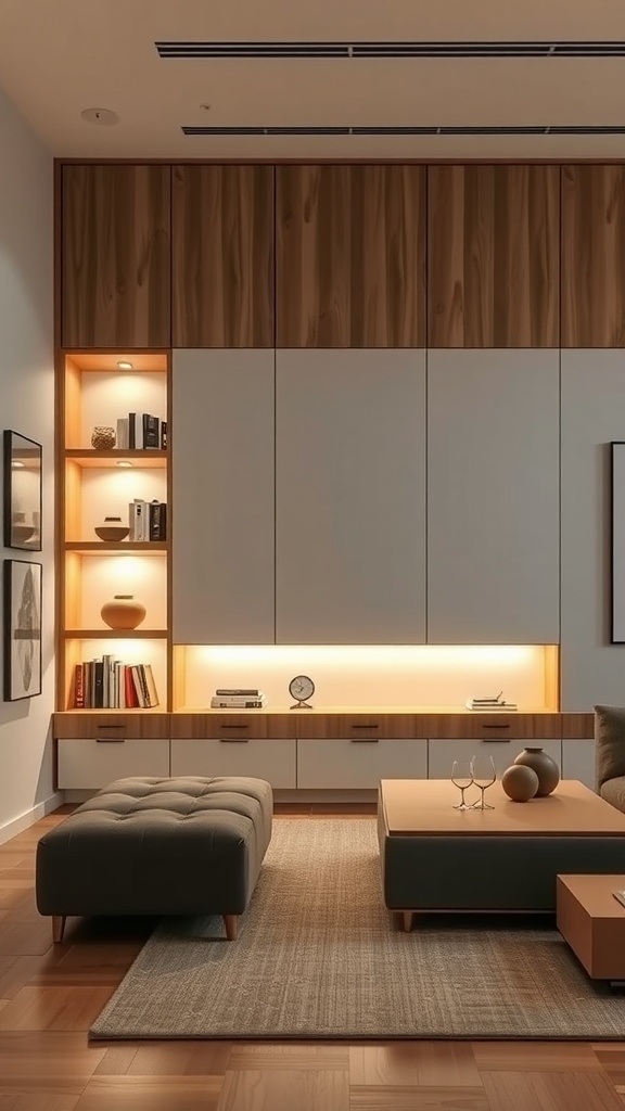 A modern living room featuring integrated lighting in built-in furniture with warm tones.