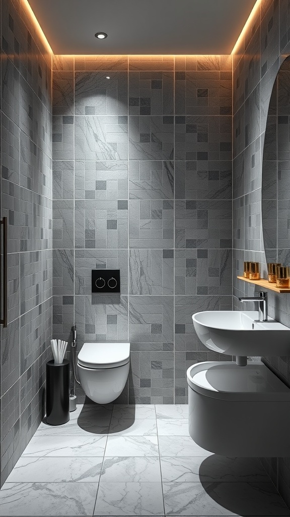 Modern bathroom with integrated lighting in grey tiles