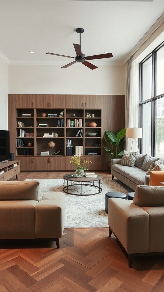 A stylish living room-dining room combo featuring integrated storage solutions with wooden shelves and a cozy seating arrangement.