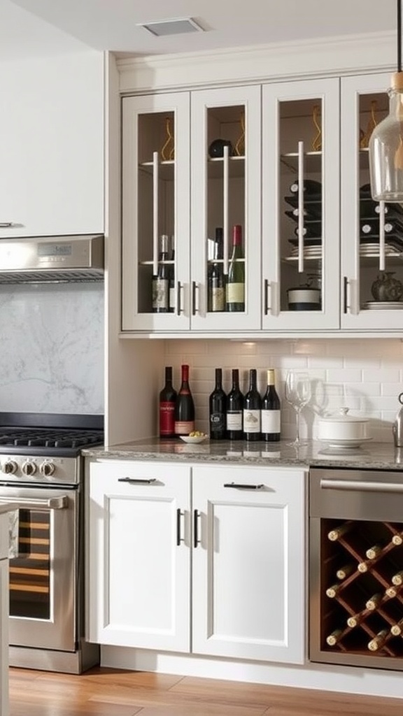 A kitchen featuring integrated wine rack cabinets with glass doors showcasing wine bottles.
