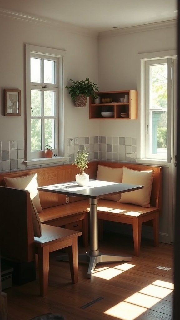 Cozy breakfast nook with wooden seating and a small table in a bright kitchen