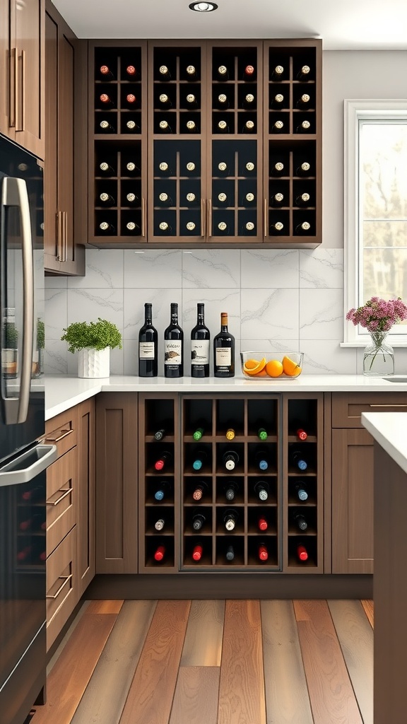 U-shaped kitchen with integrated wine storage solution featuring upper and lower wine racks.