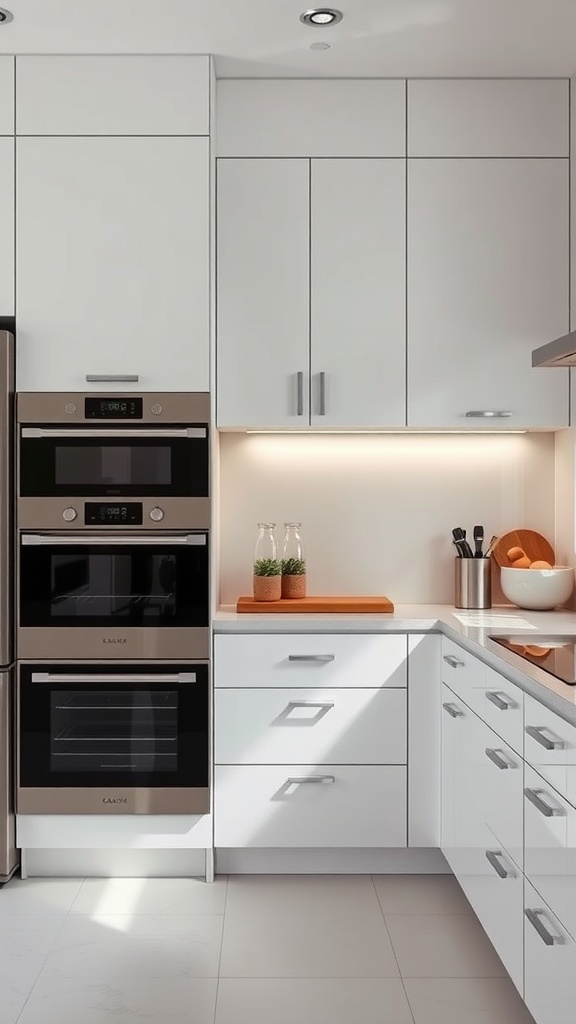 A modern kitchen featuring built-in ovens and sleek white cabinetry.