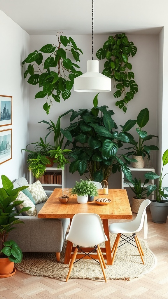 Cozy living dining room combo with indoor plants and a wooden table