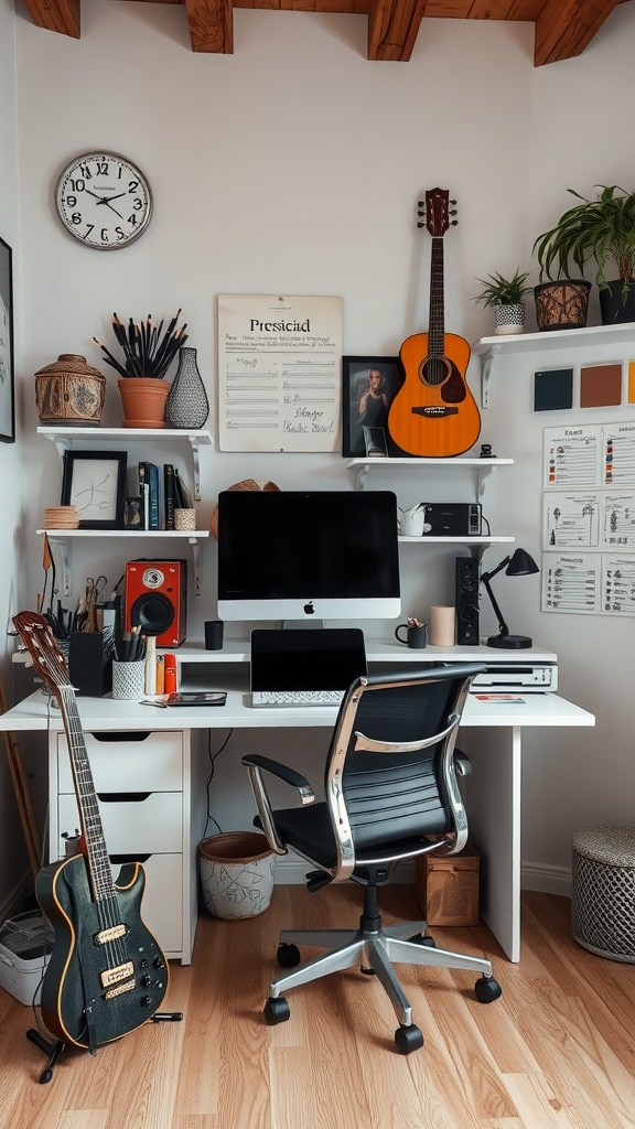 A cozy home office setup with guitars, desk, and plants.