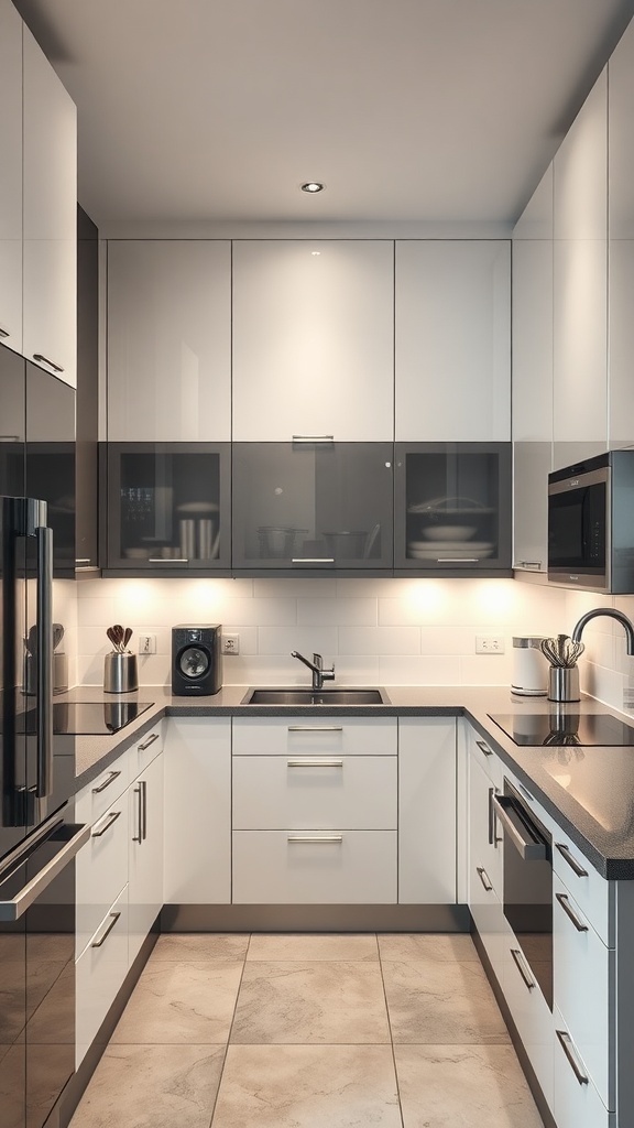 A modern U-shaped kitchen featuring smart appliances and a sleek design.