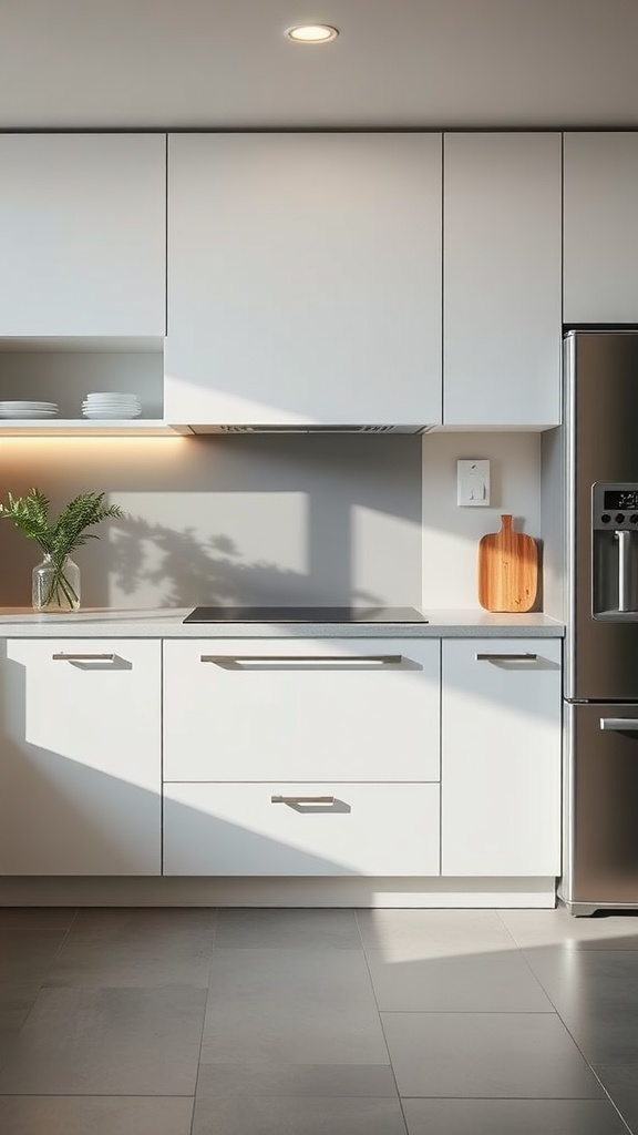 A modern kitchen featuring minimalist design with smart technology, under-cabinet lighting, and sleek appliances.