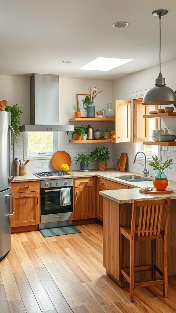 A beautifully designed U-shaped kitchen featuring wooden cabinets, eco-friendly countertops, and plenty of indoor plants.