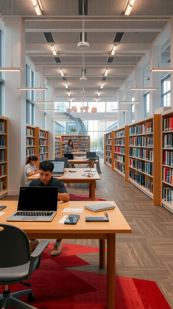 A modern library interior with students using laptops at wooden tables surrounded by bookshelves.