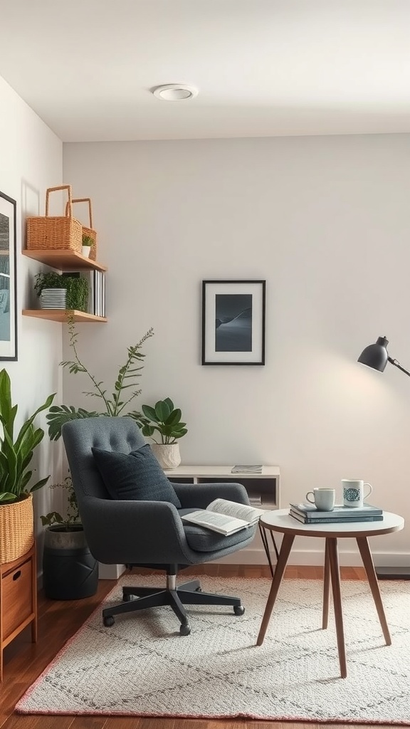 A cozy home office break area featuring a comfortable chair, plants, and a small table with drinks.