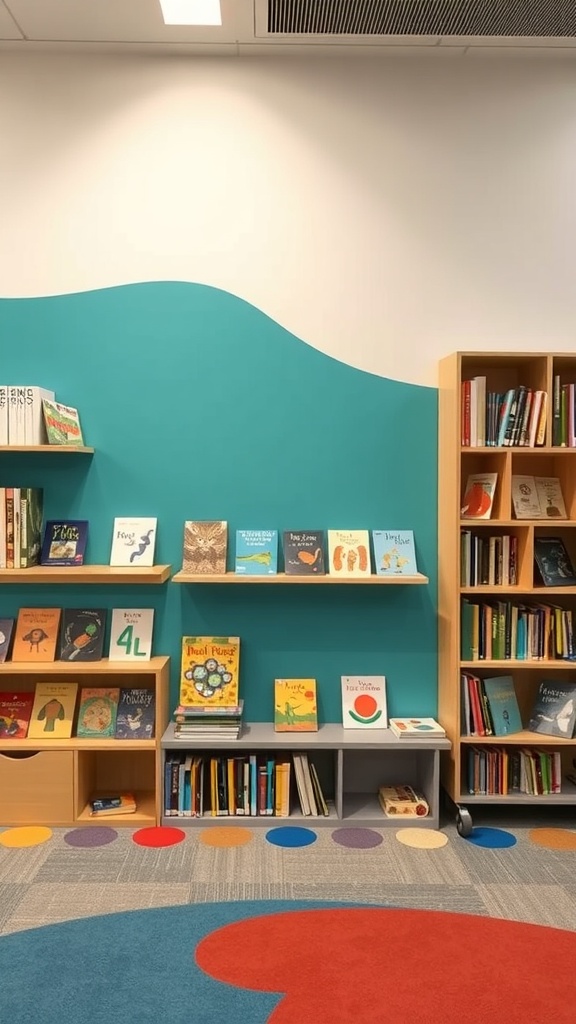 An interactive reading wall featuring a teal backdrop with colorful shelves filled with children's books and a playful carpet.