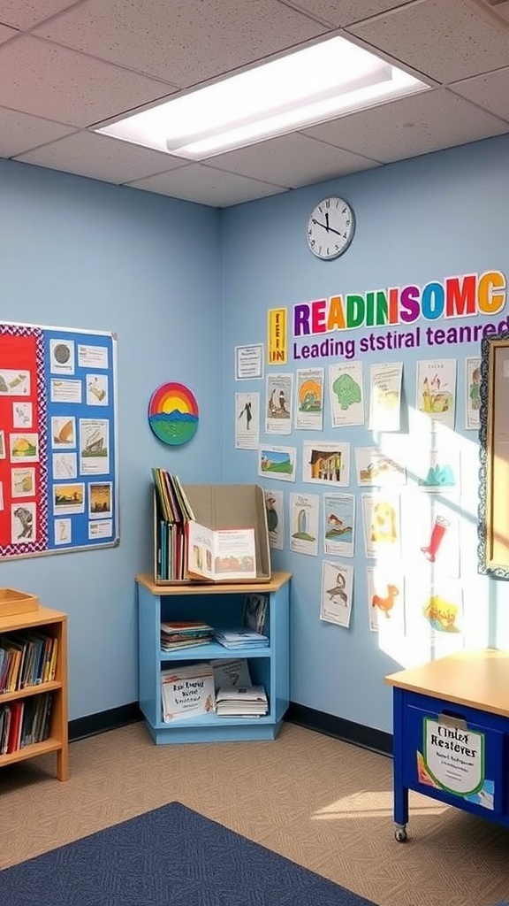 A cozy classroom corner featuring an interactive reading wall with colorful letters, student artwork, and bookshelves.