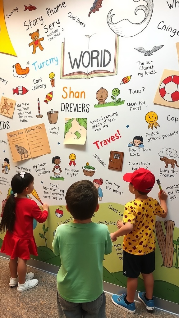 Children engaging with a colorful interactive story wall filled with drawings, words, and illustrations.