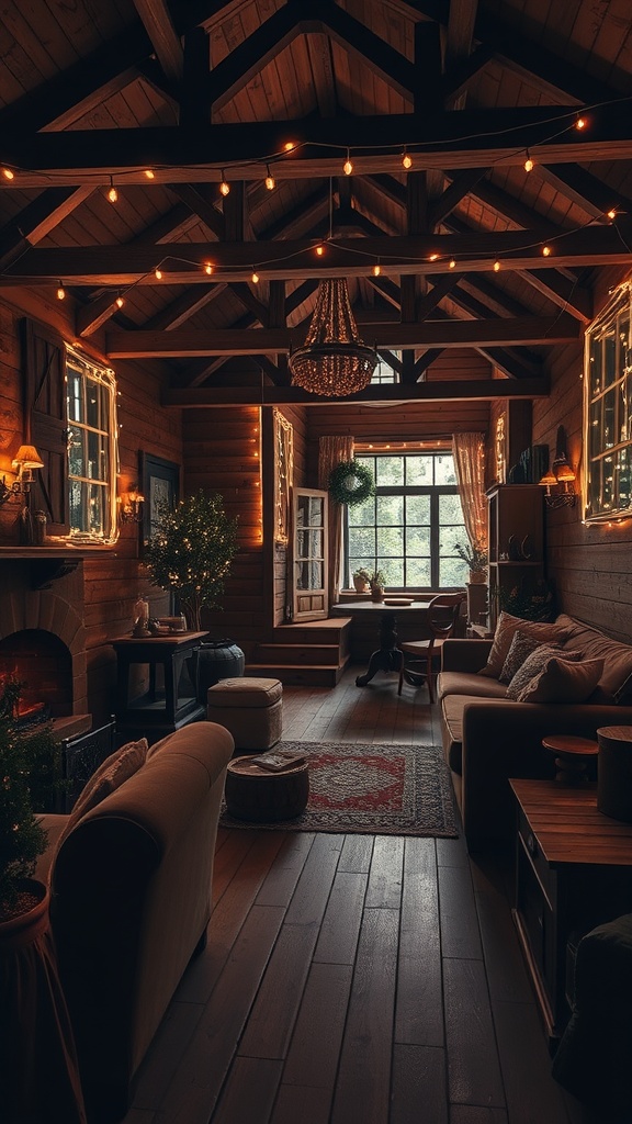 Cozy rustic farmhouse living room illuminated with fairy lights