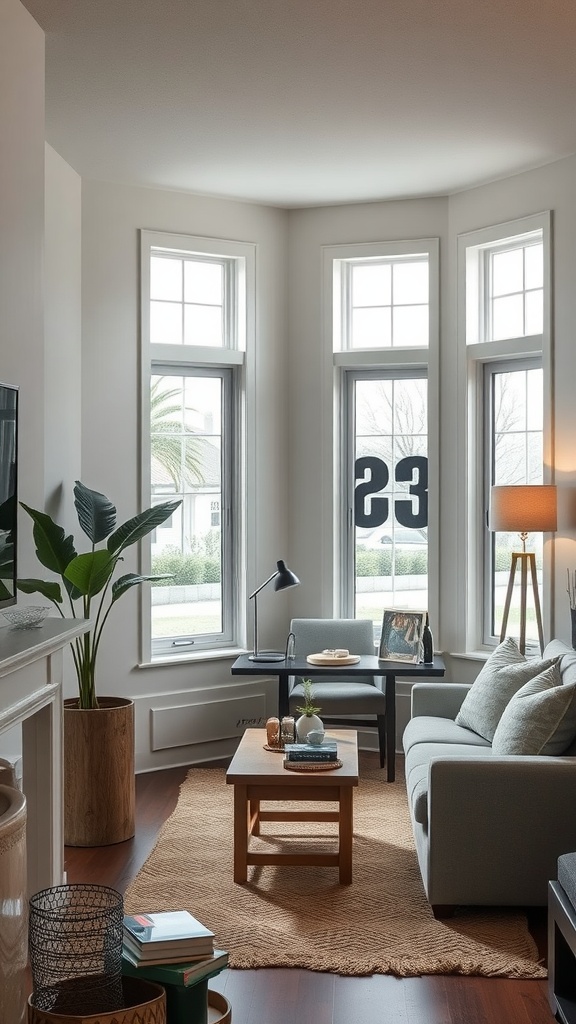 Cozy nook space with a sofa, coffee table, and windows in a living room-dining room combo