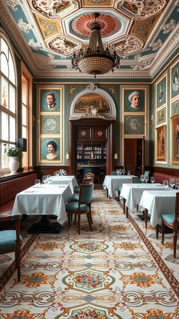 Luxurious Italian dining room with intricate tile work on the floor