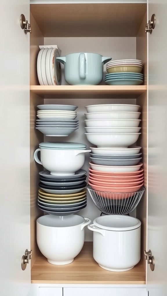 A neatly organized kitchen cabinet with stackable plates and bowls in various colors.