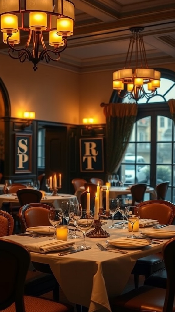 Luxurious Italian dining room with warm lighting, elegant table settings, and chandeliers.