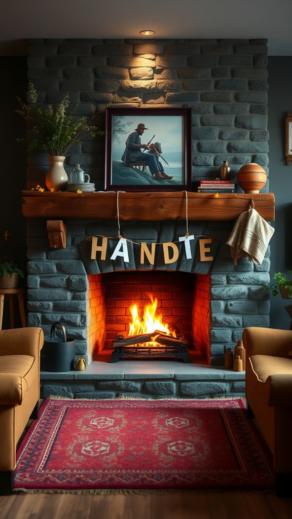 Cozy living room with a stone fireplace, wooden mantel, and rustic decor.