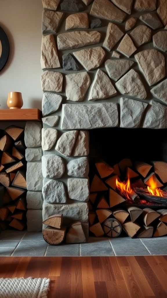 A cozy farmhouse living room with a stone fireplace and neatly stacked firewood.