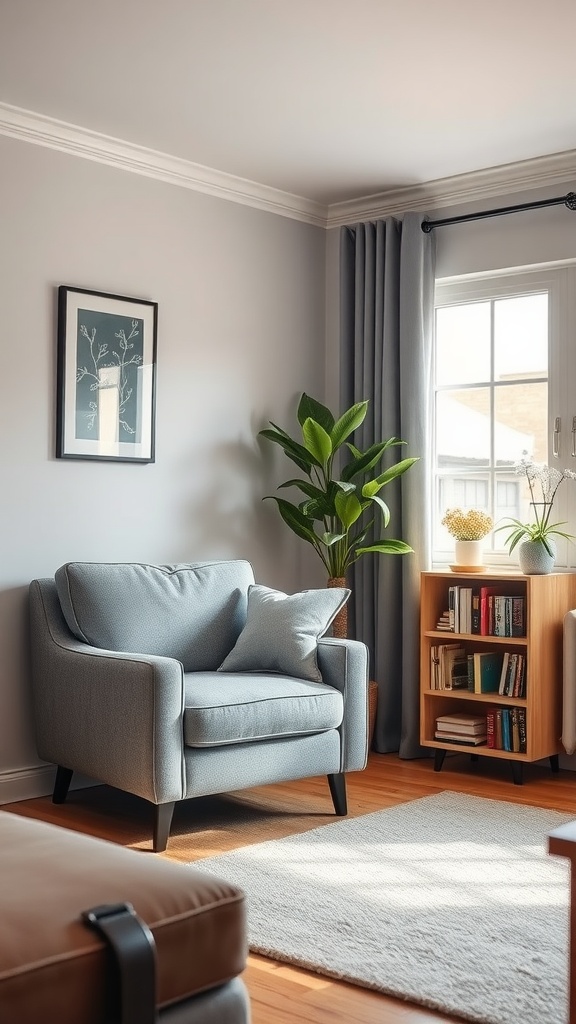 A cozy reading corner with a light blue armchair, grey curtains, and a bookshelf filled with books.