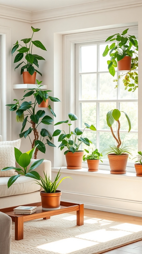 A cozy living room with various indoor plants in terracotta pots near a window, showcasing a warm and inviting atmosphere.