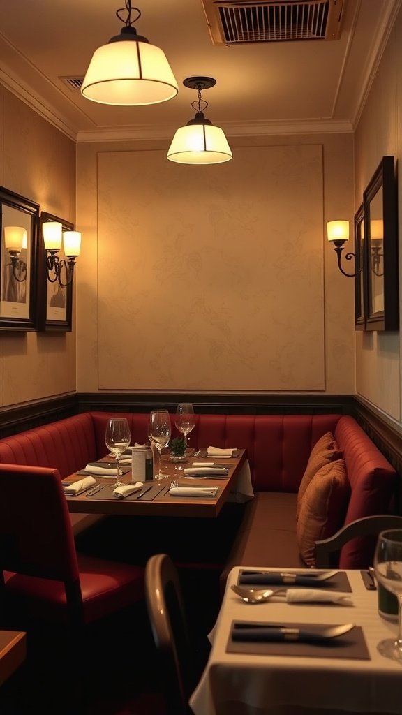 A cozy nook in an Italian dining room featuring plush red seating, elegant lighting, and a beautifully set table.