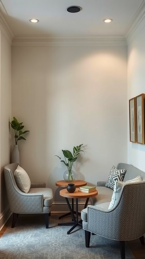A cozy living room nook with two gray armchairs and a small wooden table, adorned with a plant and decorative items.