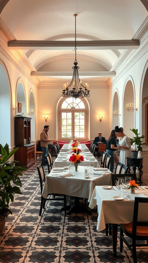 Luxurious Italian dining room with open layout, elegant chandelier, and vibrant floral centerpieces